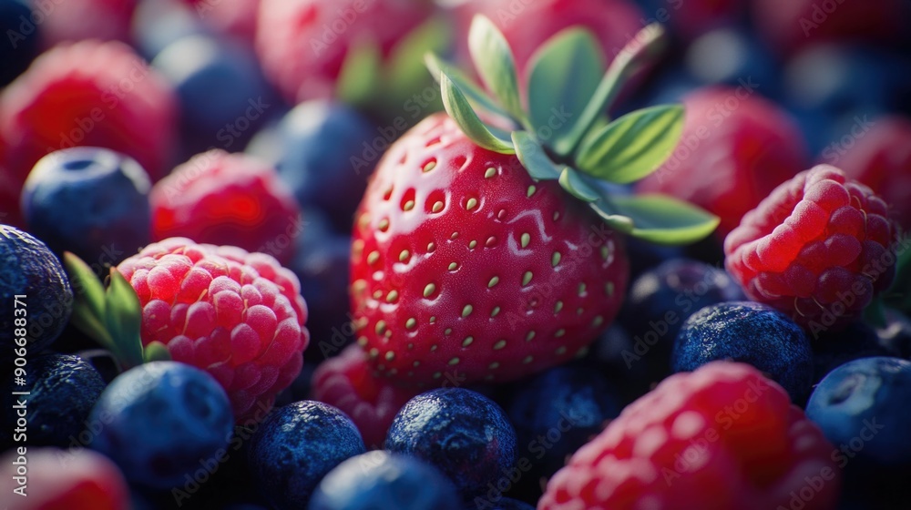 A close-up photo of a strawberry surrounded by blueberries and raspberries A close-up photo of a strawberry surrounded by blueberries and raspberries