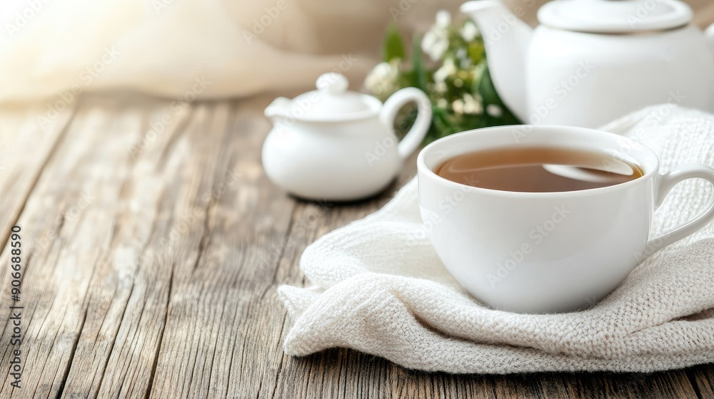 A warm cup of tea sits on a soft cloth beside a teapot, creating a serene moment illuminated by gentle natural light A warm cup of tea sits on a soft cloth beside a teapot, creating a serene moment illuminated by gentle natural light
