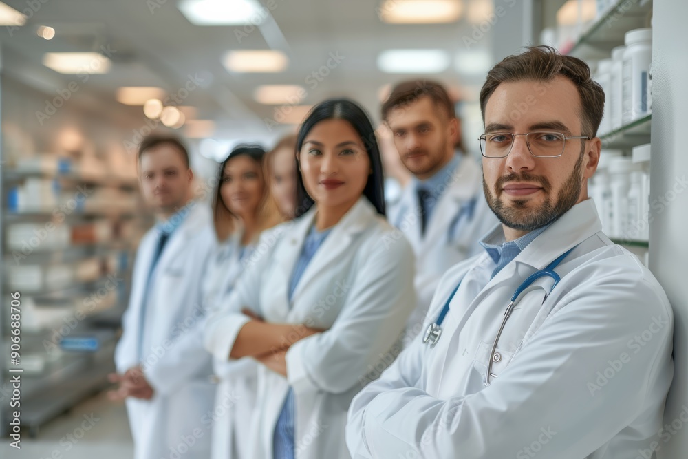 Group of joyful doctors standing with light background Group of joyful doctors standing with light background