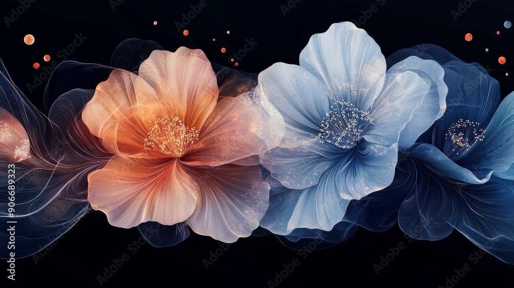 Obraz premium Abstract floral design with delicate flowers and glowing particles on a dark background.