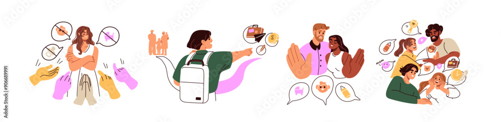 Childfree by choice concept. People choose not to have children. Child-free and childless women, men, couples dont want kids, voluntary decision. Flat vector illustration isolated on white background Childfree by choice concept. People choose not to have children. Child-free and childless women, men, couples dont want kids, voluntary decision. Flat vector illustration isolated on white background
