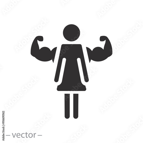strong active girl icon, woman power, arm gain muscle, flat vector illustration
