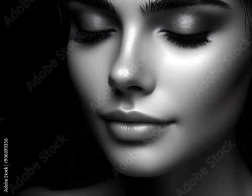 Black and White Portrait of a Woman's Face with a Calm Expression and Closed Eyes