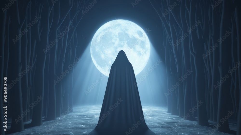 A cloaked silhouette moving through a dense, ancient forest bathed in moonlight, creating an atmosphere of mystery and intrigue A cloaked silhouette moving through a dense, ancient forest bathed in moonlight, creating an atmosphere of mystery and intrigue