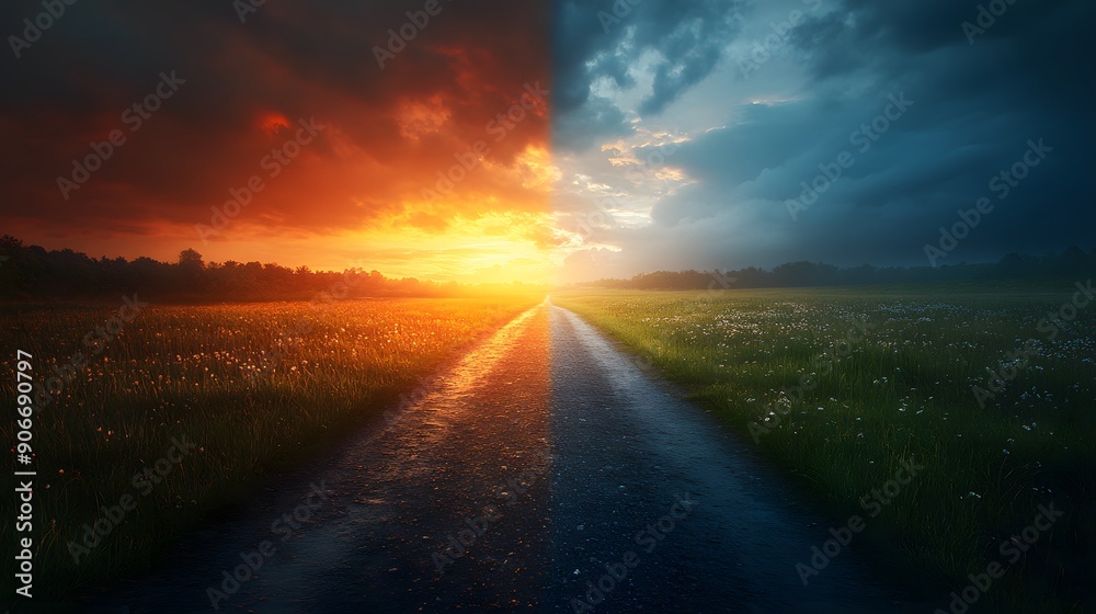 Sunset and Stormy Night on a Country Road. Sunset and Stormy Night on a Country Road.