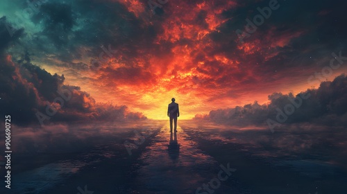 Silhouette of Man Standing on a Path Leading Towards a Fiery Sky.