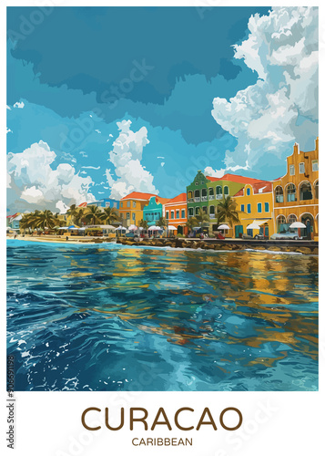 Curacao Caribbean Poster Illustration Travel Print Decor Gift Paper Canvas Wall Retro Art