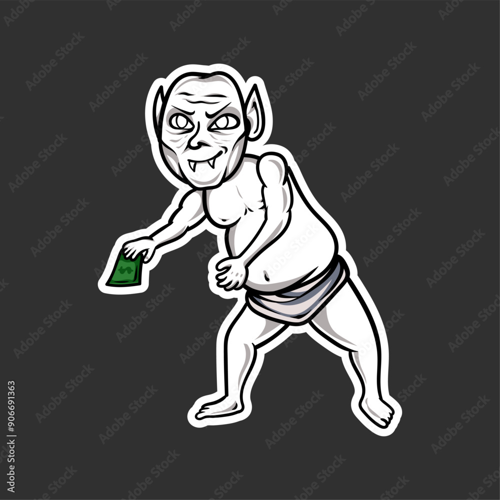 Greedy Goblin Baby: A cartoon illustration of a mischievous, money-hungry goblin baby, clutching a wad of cash with a sly grin. This whimsical design is perfect for projects related to fantasy, greed Greedy Goblin Baby: A cartoon illustration of a mischievous, money-hungry goblin baby, clutching a wad of cash with a sly grin. This whimsical design is perfect for projects related to fantasy, greed