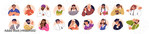 People in glasses, avatars set. Diverse characters wearing spectacles, eyeglasses. Men and women looking through eyewear for bad eyesight. Flat vector illustration isolated on white background