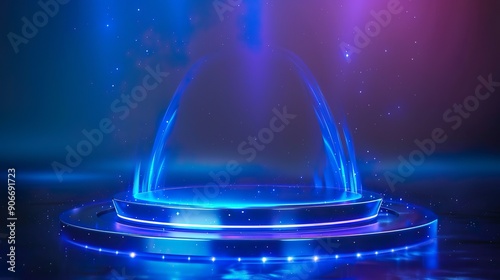 Blue hologram portal. Magic fantasy portal. Magic circle teleport podium with hologram effect.