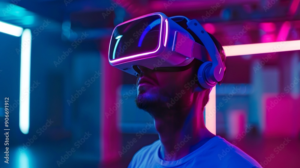 Man wear VR Glasses in metaverse world futuristic technology concept Man wear VR Glasses in metaverse world futuristic technology concept