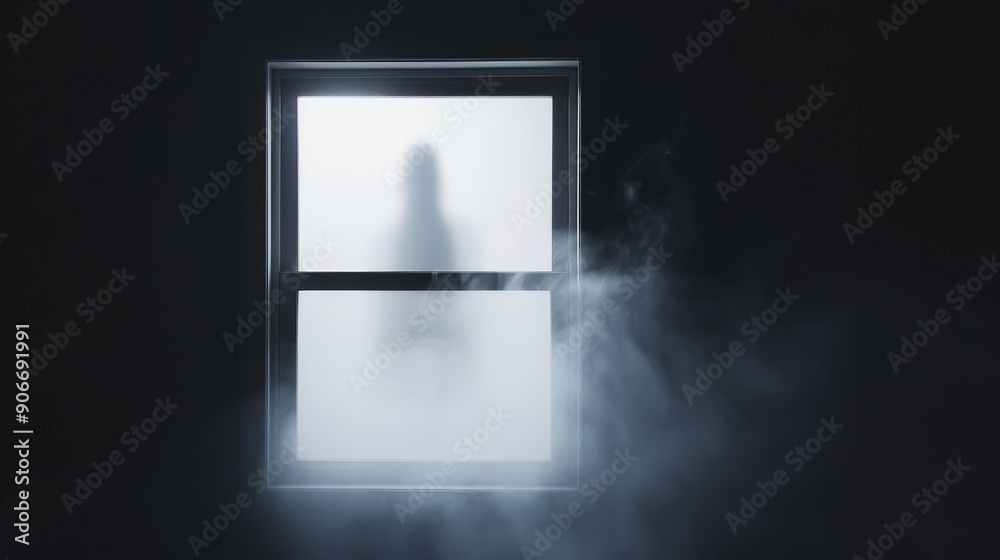 Mysterious shadow in a dark house window, fog enveloping the scene, creating an eerie and scary Halloween night ambiance Mysterious shadow in a dark house window, fog enveloping the scene, creating an eerie and scary Halloween night ambiance