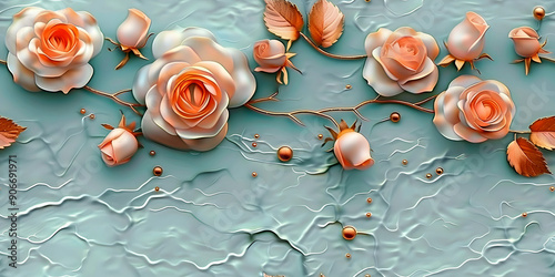 Seamless 3D White, Red, and Pink Cherry Blossom Flowers in Branches on a Light Background. Abstract Floral 3D Landscape Wall Sticker. Hd Seamless Magnolia, Frangipani, Rose Flower Wallpaper.