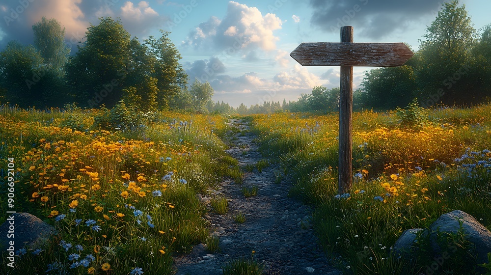 Rustic Wooden Signpost Leading Through a Meadow Rustic Wooden Signpost Leading Through a Meadow