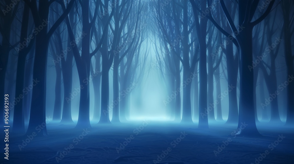 Fototapeta premium Mystic forest filled with bioluminescent flora, casting an unsettling light. Gnarled trees and a thick fog add to the Halloween spookiness