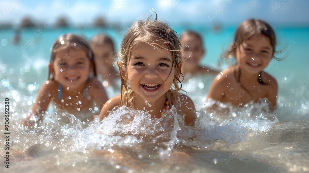 Joyful Kids Splashing in the Turquoise Ocean Joyful Kids Splashing in the Turquoise Ocean