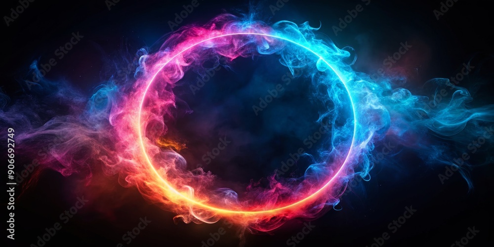 Fototapeta premium Abstract Neon Ring in Blue and Red Smoke, abstract , background , circle , energy