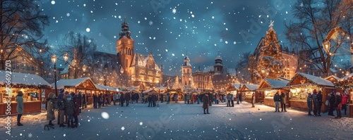 Panorama of dresdener christmas market in the snow, Generative AI  photo