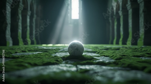 Mysterious orb glowing above a moss-covered altar in an old, abandoned cathedral, with shadowy figures and an eerie, unsettling vibe photo