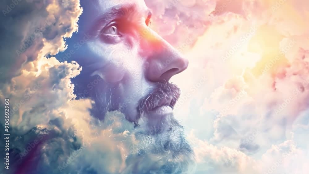 A man looks upward, lost in thought, as colorful clouds surround him during a stunning sunrise.