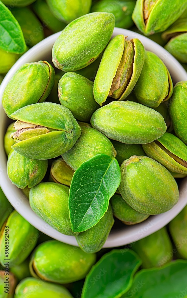 Fresh green pistachios in a bowl, showcasing their vibrant color and natural beauty, perfect for culinary or health-themed imagery.