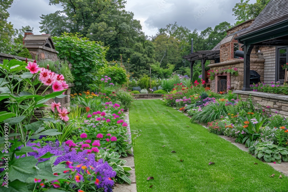 Fototapeta premium Beautifully designed backyard garden with colorful flowers, lush green grass, stone walls, winding pathways, outdoor fireplace, natural rock features, ornamental plants