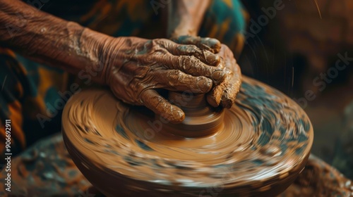 Hands crafting pottery on a spinning wheel, highlighting the artistry of the craft