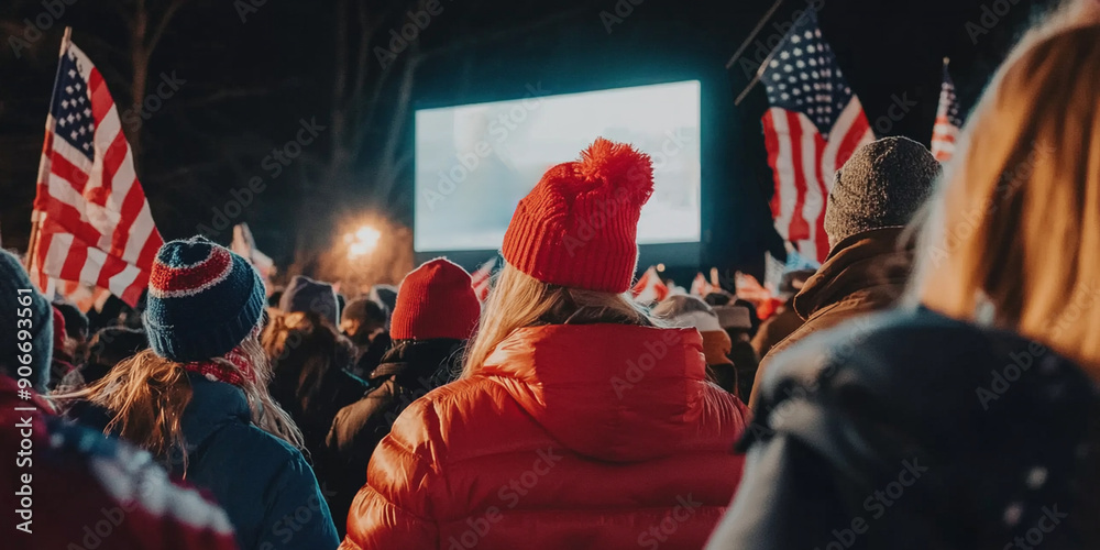 Obraz premium People with red coats and hats in patriotic demonstration
