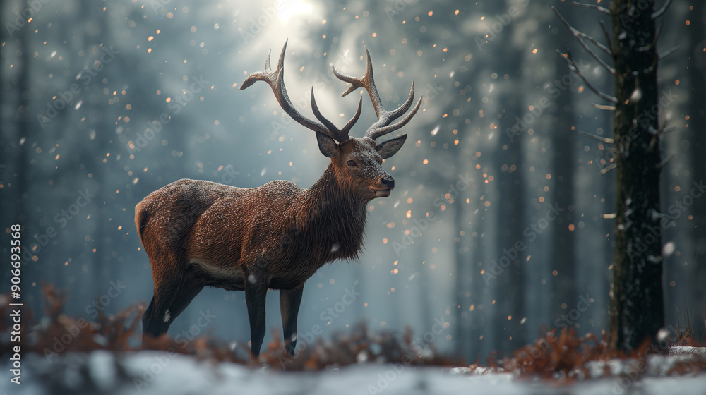 A deer stands in the snow, looking to the right A deer stands in the snow, looking to the right
