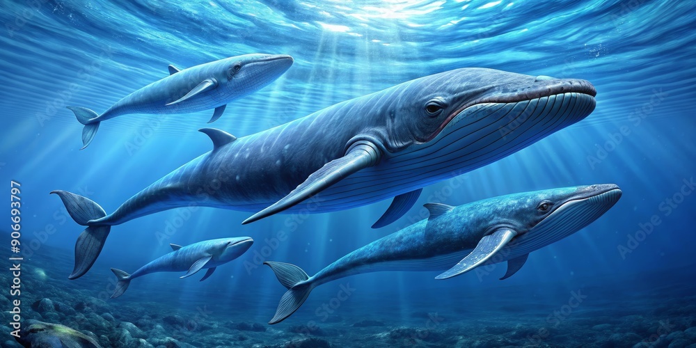 Obraz premium Beneath the Waves A Digital Painting of Three Whales Swimming in a Sunlit Ocean, Underwater Scene, Digital Art, Blue Whale, Ocean Life, Marine Animal, Whale Art