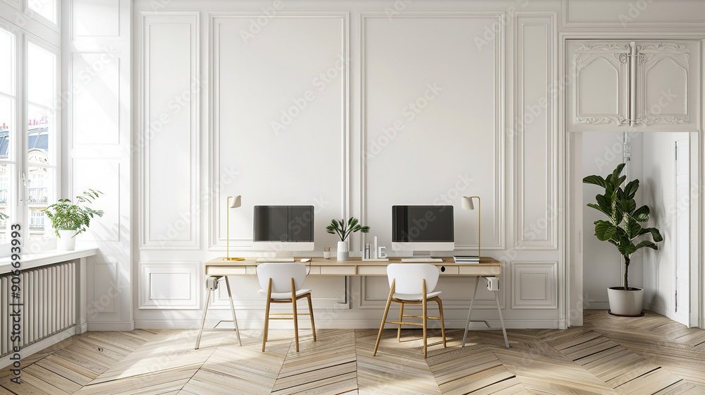 a workplace with two computer desks and white chairs a workplace with two computer desks and white chairs