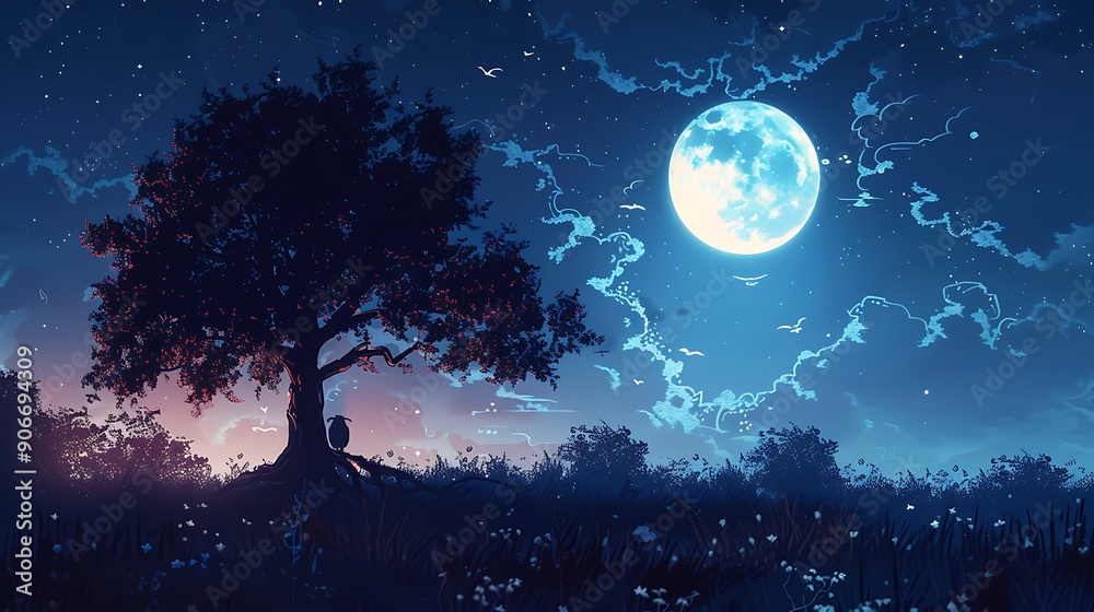 A serene night scene featuring a glowing moon, a solitary tree, and a tranquil sky, invoking feelings of peace and solitude. A serene night scene featuring a glowing moon, a solitary tree, and a tranquil sky, invoking feelings of peace and solitude.