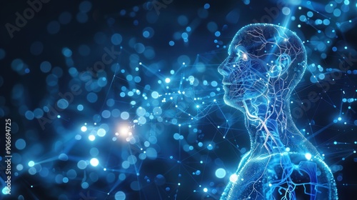 Holographic 3D visualization of human lymphatic system, displaying translucent lymph nodes and vessels with soft blue glow.