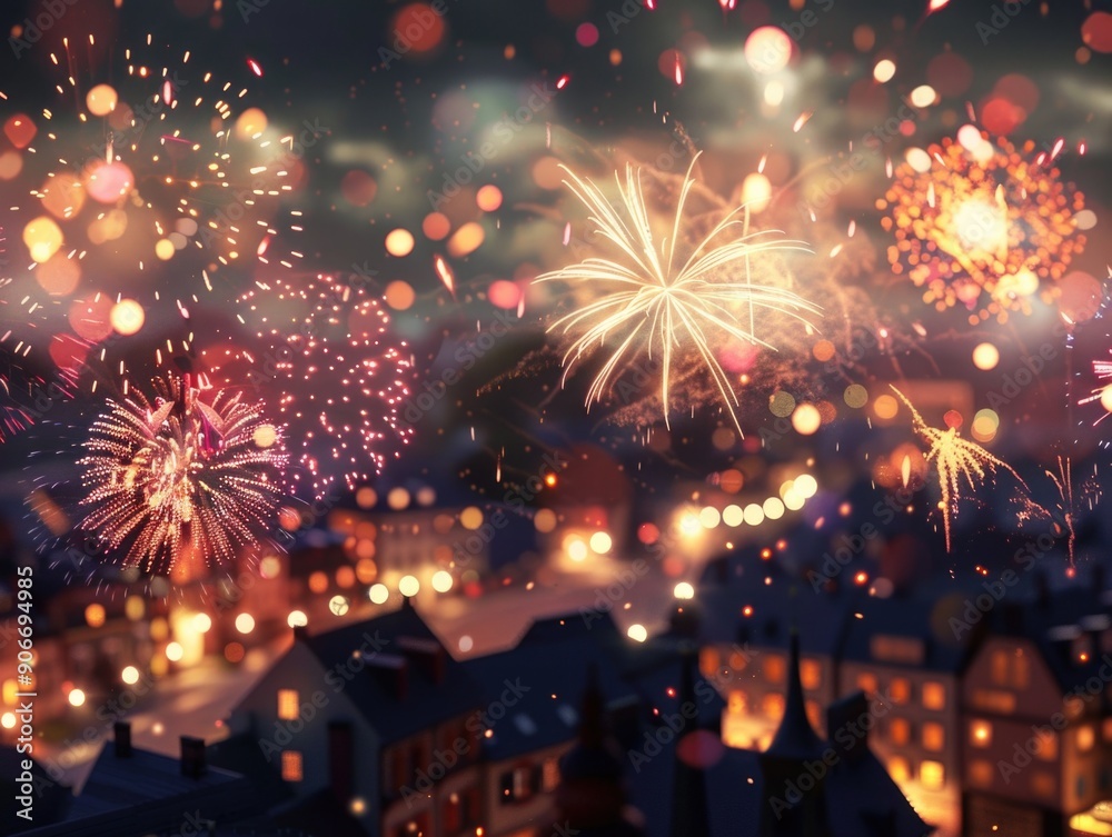 Obraz premium A city skyline at night with colorful fireworks exploding in the sky
