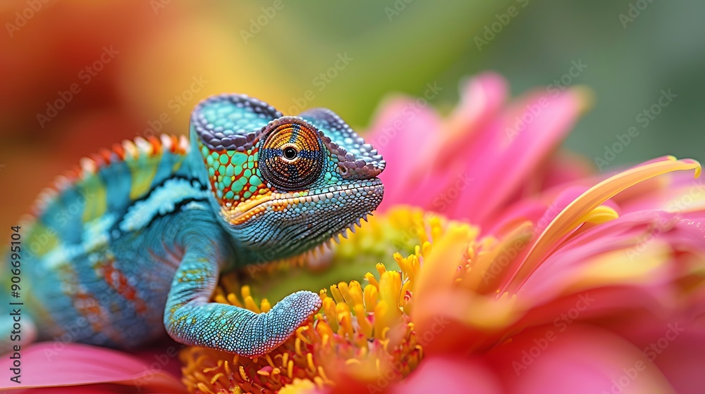 A vibrant chameleon resting on a colorful flower, showcasing its unique colors and textures in a natural setting.