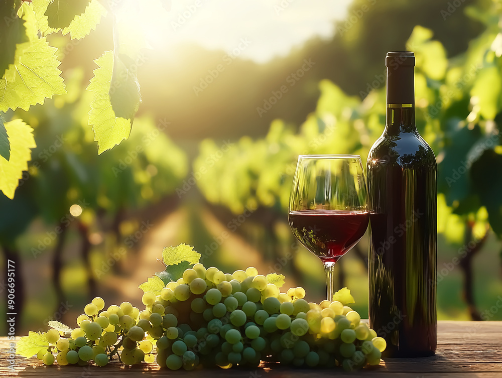 Fototapeta premium Bottle and glass of wine with vineyard background