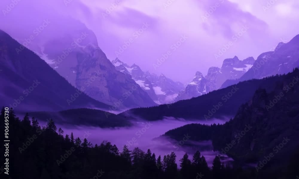 Majestic Mountains Shrouded in Purple Mist Creating a Mystical Landscape. Concept of Nature, Tranquility, and Mystery Majestic Mountains Shrouded in Purple Mist Creating a Mystical Landscape. Concept of Nature, Tranquility, and Mystery