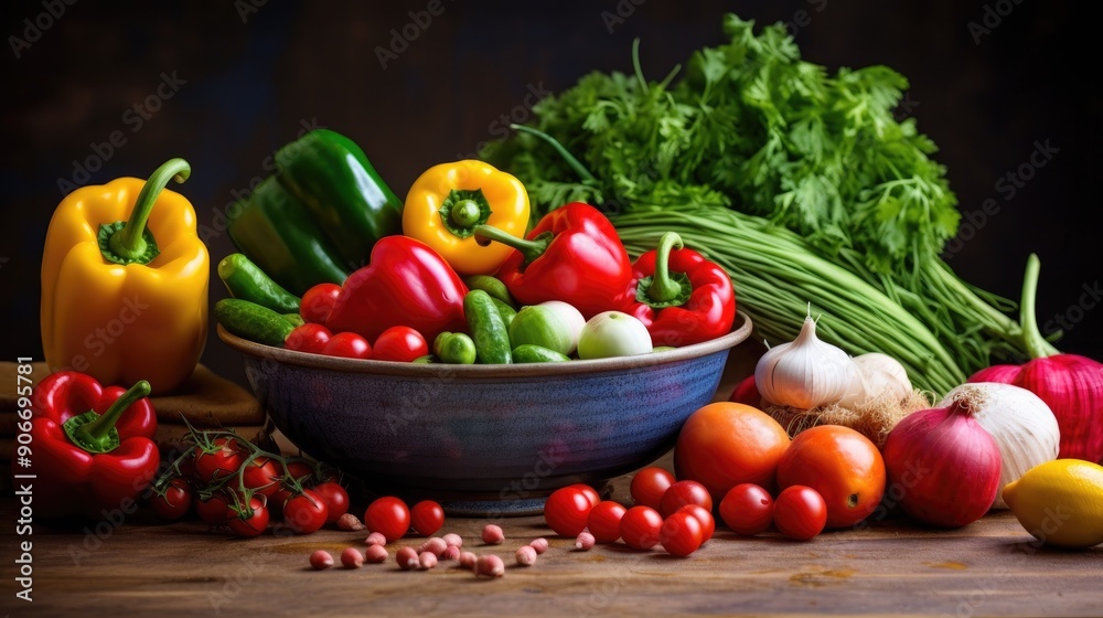 Colorful fresh vegetables and fruits in a bowl on a kitchen counter