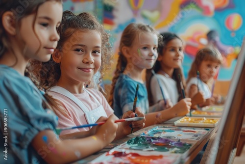 Diverse group of children painting together in art class, fostering creativity and fun