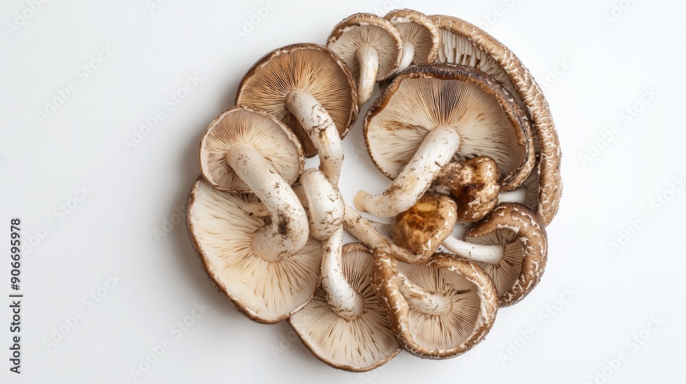 Matsutake mushrooms displayed in a spiral pattern, emphasizing their natural beauty on a white background. Matsutake mushrooms displayed in a spiral pattern, emphasizing their natural beauty on a white background.