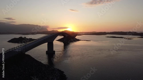 bridge in Lofoten seen from above during the midnight sun evening light photo