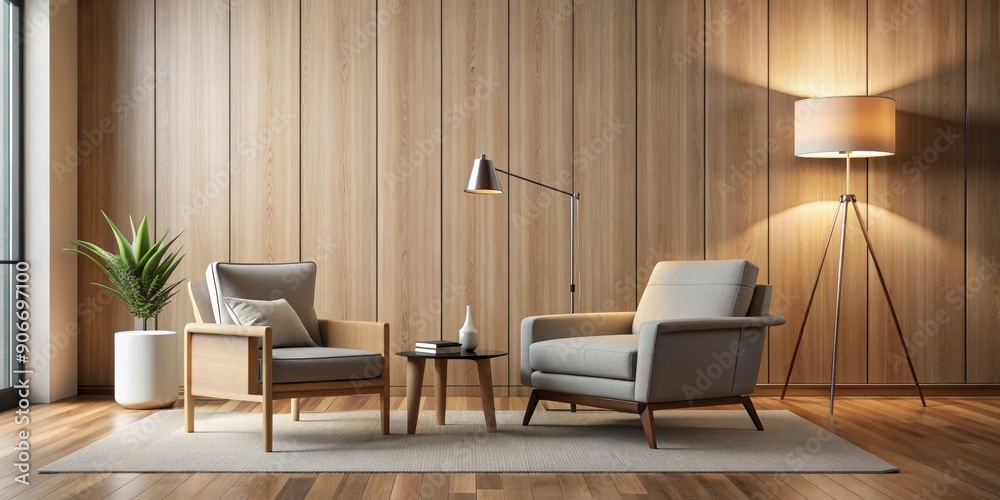Modern Living Room Interior with Wooden Wall, Two Armchairs, and Lamps, modern interior, living room design, wooden wall, armchairs Modern Living Room Interior with Wooden Wall, Two Armchairs, and Lamps, modern interior, living room design, wooden wall, armchairs