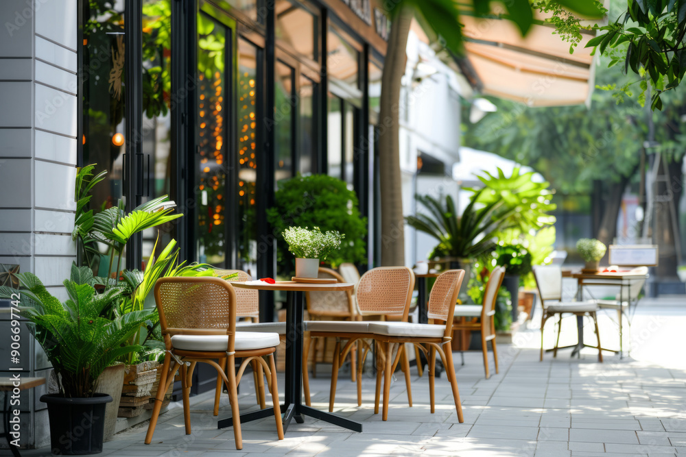Fototapeta premium Outdoor cafe with tables and chairs surrounded by lush green plants