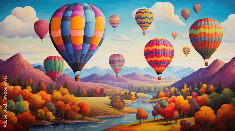 Fototapeta premium Colorful hot air balloons over patchwork fields