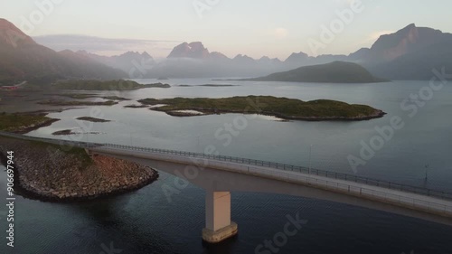 bridge in Lofoten seen from above during the midnight sun evening light photo