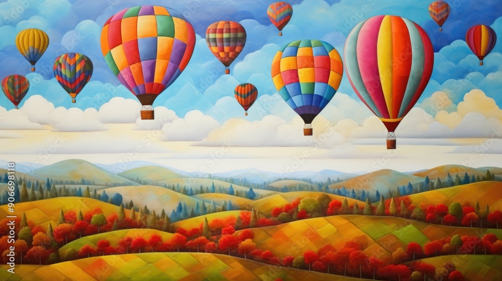 Fototapeta premium Colorful hot air balloons over patchwork fields