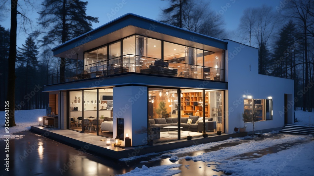 A large house with a pool and a large glass window A large house with a pool and a large glass window