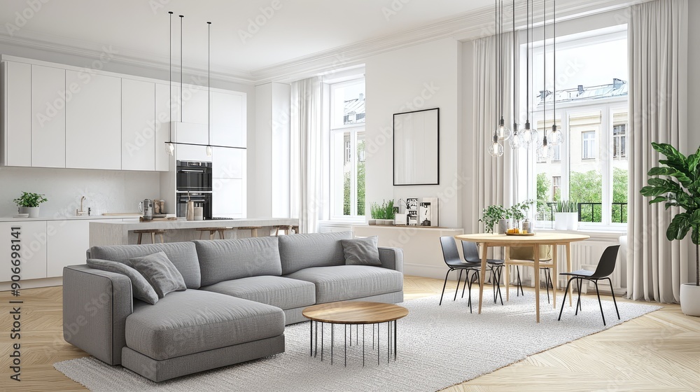 Fototapeta premium A stylish living room showcases a gray sofa paired with a matching armchair and a wooden coffee table under natural light