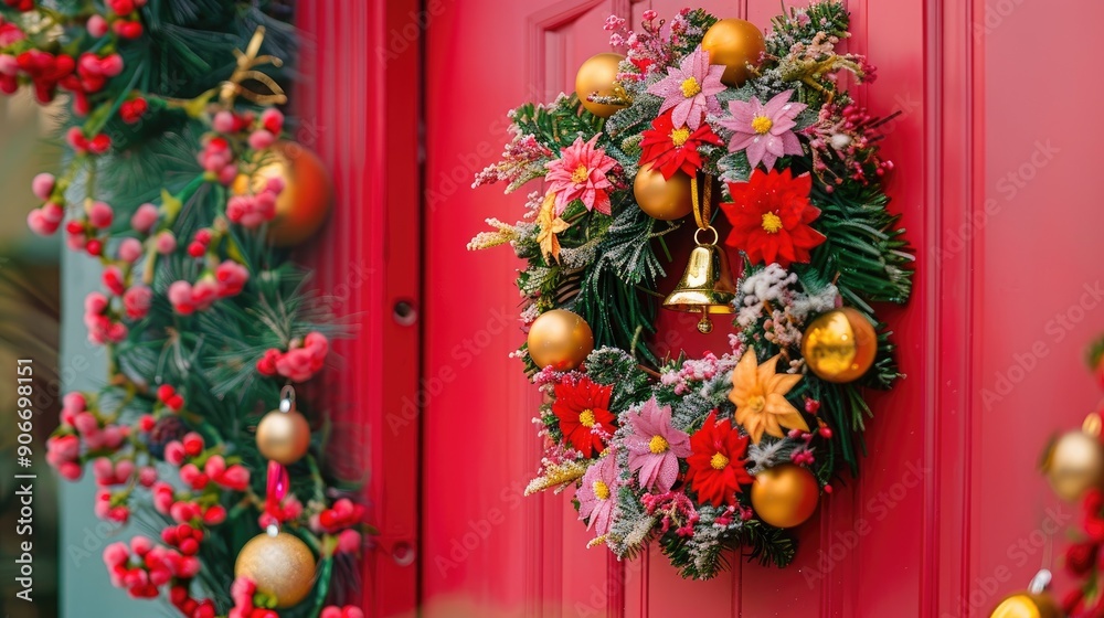 Festive door decorations with bell and round flowers Festive door decorations with bell and round flowers