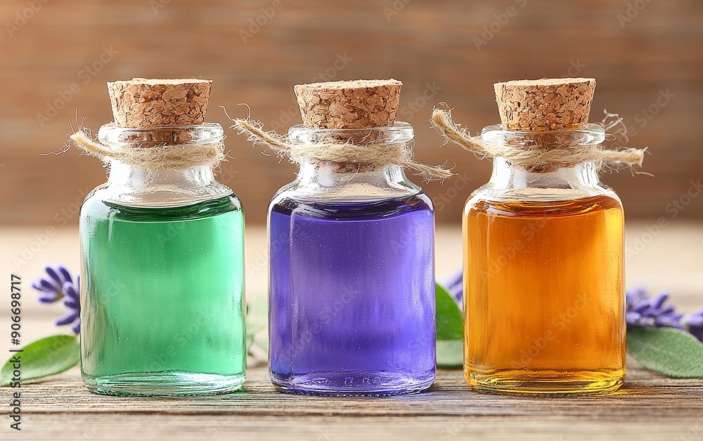Three elegant glass bottles filled with colorful essential oils, displayed on a rustic wooden background, ideal for wellness themes. Three elegant glass bottles filled with colorful essential oils, displayed on a rustic wooden background, ideal for wellness themes.